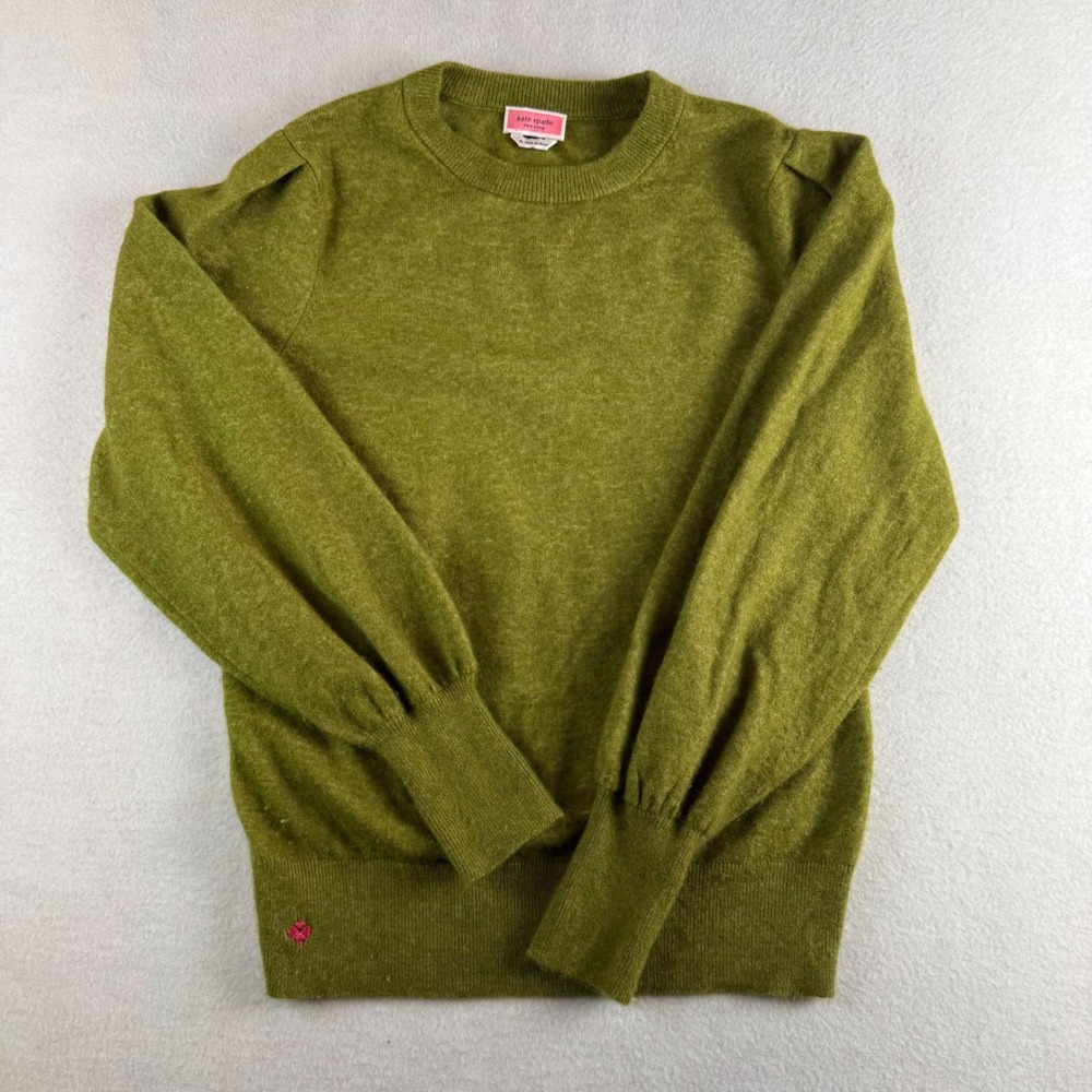 Kate Spade New York Womens Olive Green Puff Shoulder Crew Neck Sweater Size M